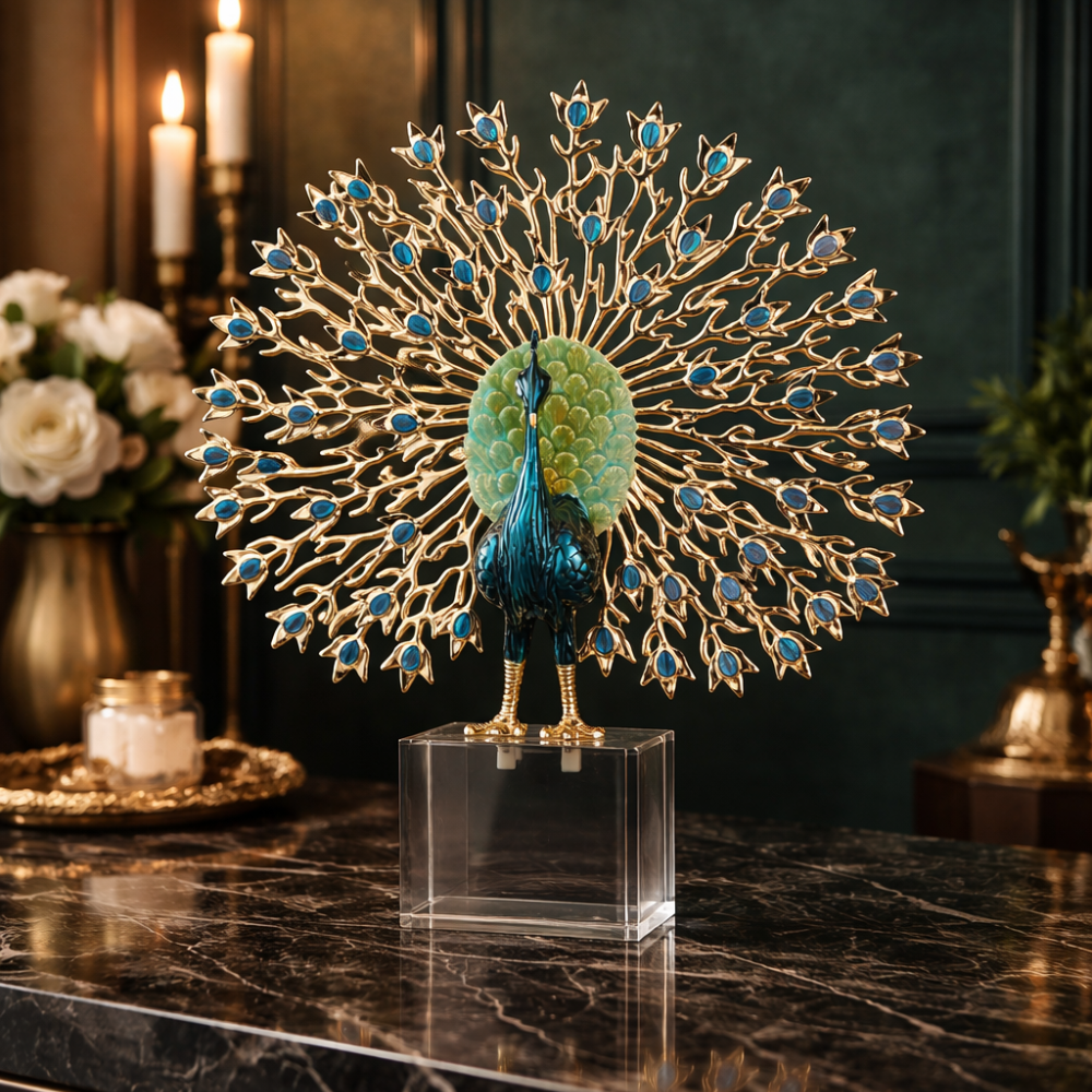 Imperial Peacock - Metallic Sculpture with Acrylic Pedestal